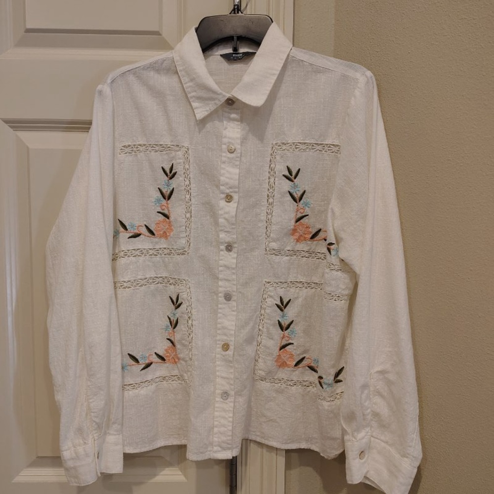 Cottagecore Ladder Lace Embroidery Blouse Womens 14 Button Up White Boho